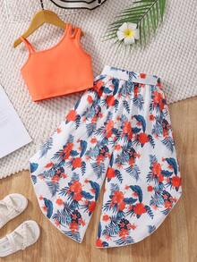 SHEIN Setelan 2 Potong untuk Liburan Anak Perempuan: Atasan Camisole Leher Asimetris Warna Polos dan Celana Panjang Lebar Motif Tropis - Jeruk - View 3