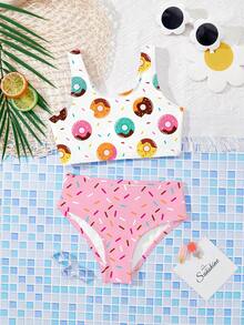 SHEIN Young Girl Casual Minimalist Donut Print Camisole & Triangle Bikini Swimwear Set, Suitable For Summer - Multicolor - View 7