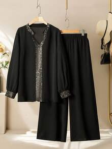 Modelyn Women's Elegant Beaded Patchwork Comfortable Plus Size 2 Pieces Set - Black - View 1