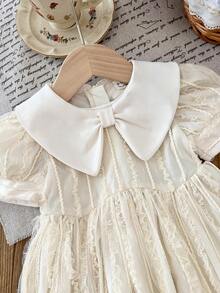 SHEIN LMoss Kids 女婴法式优雅荷叶边领花瓣袖网纱连衣裙 - 白色 - 查看 3