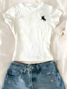 1 chiếc áo thun ngắn tay cổ tròn ôm sát, in hình họa tiết dễ thương, thiết kế tối giản đáng yêu dành cho thanh thiếu niên. - trắng - Xem 3