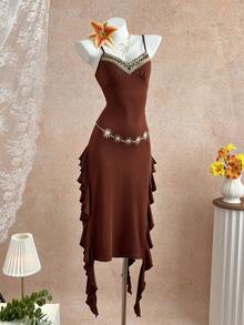 Elamini Women's Fashion Spaghetti Strap Dress With Ribbon Trim And Ruffle Hem Brown Bathing Suit Western Swimsuit Beaded Swimsuit Western Bikini Top Brown Swim Top - Coffee Brown - View 4