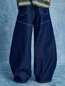 ROMWE MEN Men's Casual Washed Metal Buckle Wide Leg Jeans - Black - View 3