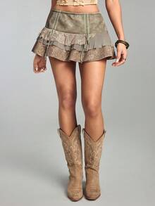 ROMWE Fairycore Chân váy ngắn nữ kiểu vintage gợi cảm, phối nhiều mảnh vải, buộc dây, mang hơi hướng rách rưới. - Nhiều màu - Xem 6