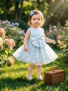 Souflis Souflis 法国新款女婴浅蓝色精致刺绣网纱无袖连衣裙，配3D蝴蝶结，适合派对、外出及各种场合。 - 淺藍色 - 查看 9