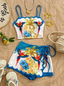 Soleia Women's Palm Tree Print Camisole Top And Tie Waist Skort 2 Pieces Set, Vacation - Multicolor - View 5