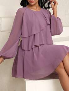 Modelyn Women's Elegant Romantic Multi-Layer Ruffle Trim Purple Long Sleeve Mini Dress - Purple - View 7
