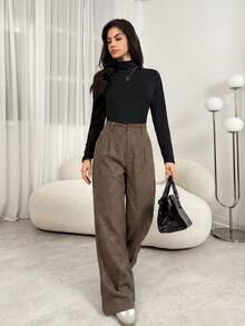 SHEIN Tall 教师装女装灰色褶裥优雅长裤带口袋，秋冬灰色高腰阔腿裤宽松大码裤商务职业女装宽松阔腿裤秋季女装冬季女装外出下装 - 棕色 - 查看 7