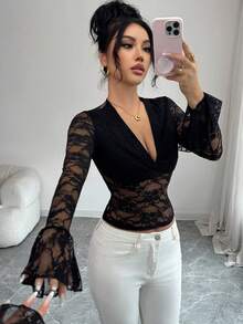 Elenzga Women's Elegant Sexy Sheer Lace Flare Sleeve Blouse - Black - View 7