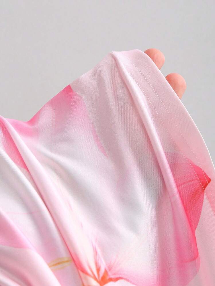 Sweetra Women's Pink Floral Print High Elasticity Deep V-Neck Camisole Tie-Up Fitted Low Waist Sexy Sweet Romantic Beach Vacation 2-Piece Set - Pink - View 8