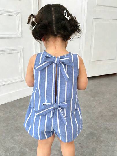 2pcs/Set Baby Girls' Casual Solid Color Round Neck Top With Bow Decor At Back And Striped Shorts Set, Blue