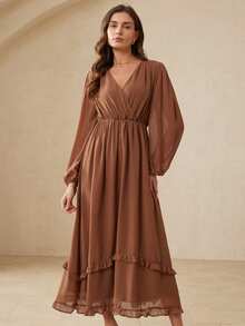 Femmeiva Fashionable Design Sense Casual Ruffled Cinched Waist Long Sleeve Dress - Brown - View 1