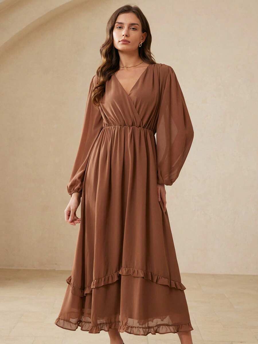 Femmeiva Fashionable Design Sense Casual Ruffled Cinched Waist Long Sleeve Dress - Brown - View 1