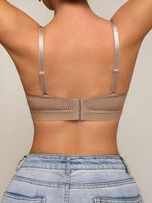 NudeFit Sujetador básico sexy con tirantes de espagueti, de tela acanalada y de unicolor, cómodo y con soporte de alambre para levantar e instalar instantáneamente para mujeres - Marrón - Ver 2