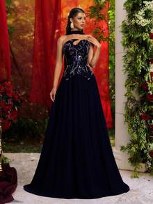 Glamrae Đầm chữ A sang trọng, thanh lịch với cổ áo bất đối xứng, được làm thủ công bằng tay và thêu hạt cườm, thích hợp cho các buổi tiệc, dạ hội, sự kiện kinh doanh, tiệc riêng, sinh nhật, ngày lễ, đám cưới và các dịp trang trọng khác. - Màu xanh hải quân - Xem 5