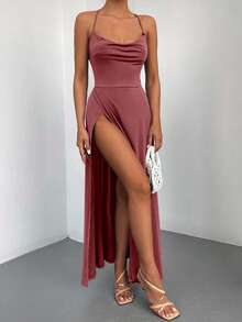 EURMUSE Draped Front Split Thigh Criss Cross Back Cami Dress - 藕粉色 - 查看 4