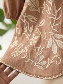 CosyJoli Áo sơ mi dáng rộng, tay phồng, thêu họa tiết, thắt nơ phía trước, kiểu dáng thường ngày. - Màu Khaki - Xem 6