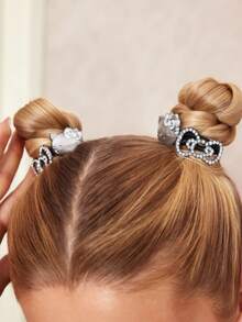 HELLO KITTY AND FRIENDS | SHEIN 4条装锌合金可爱卡通弹力发圈，镶钻蝴蝶结发带，黑色，适合扎高马尾，上学出行必备 - 彩色 - 查看 6