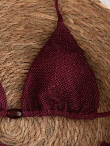 Swim SXY 2026春夏两件套女士纯色性感豹纹随机印花细肩带露背侧系带比基尼套装 - 酒紅色 - 查看 6