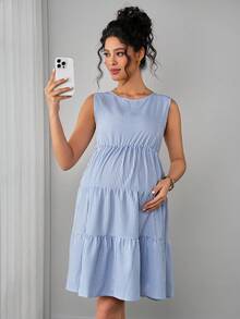 Momance Striped V-Back Cropped Elegant Bow Tie Maternity Dress - Blue - View 7