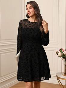 Miaspire Đầm mini ren đen dài tay cổ tròn thanh lịch dành cho nữ cỡ lớn, thích hợp cho đầu xuân. - màu đen - Xem 9