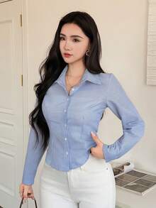 DAZY 女士条纹简约休闲长袖衬衫 - 藍色 - 查看 5