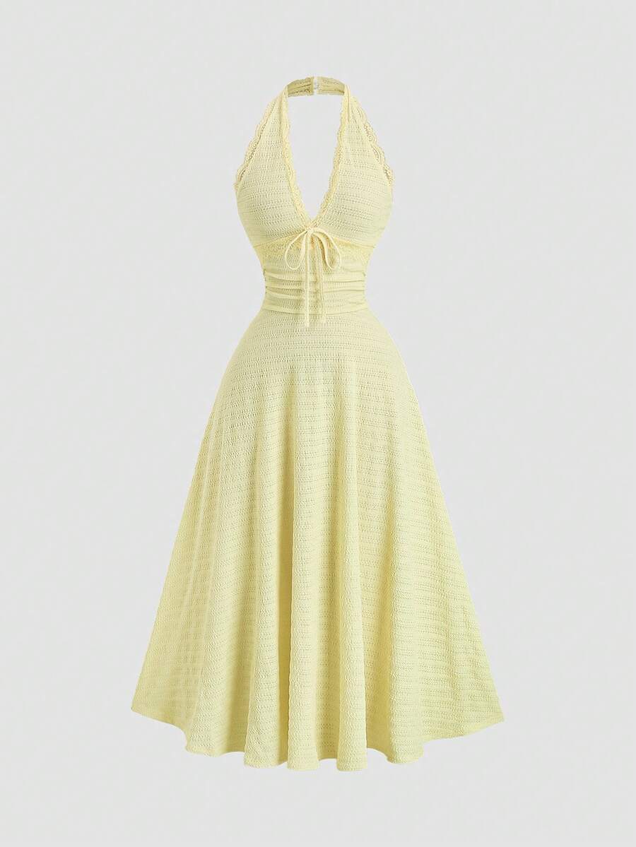 Sweetra 性感露背蕾丝边饰纹理面料飘逸A字褶皱优雅连衣裙 - 黃色 - 查看 1