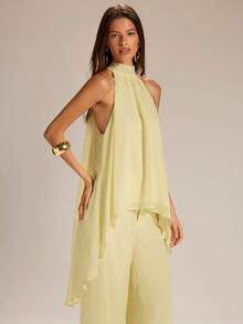 SHEIN BAE Spring/Summer Solid Yellow Halter Neck Sheer Asymmetrical Sleeveless Tank Top & Linen Wide Leg Pants, Casual 2-Piece Set Minimalist 2-Piece Set - Yellow - View 4