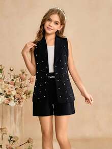 SHEIN 3pcs Tween Girls' Spring/Summer Outfit Set: Beaded Vest, Elegant Black Shorts, White Camisole Layering Suit, & Stylish - Black - View 6