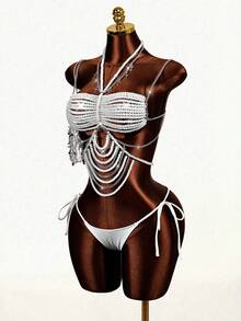 Sirith Conjunto de bikini con parte delantera anudada y espalda descubierta con cuentas de cristal para vacaciones de verano en la playa para mujer - Blanco - Ver 4