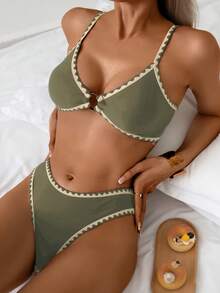 Swim Basics Summer New Solid Color Adjustable Strap Seashell Trim Low Waist Triangle Bikini Swimwear Set For Women - Multicolor - View 3