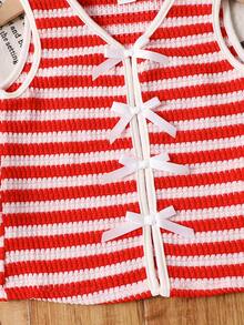 SHEIN Young Girl Striped V-Neck Bow Decor Casual Camisole Girls Top Striped Top Young Girls Top Red Striped Top - Multicolor - View 4