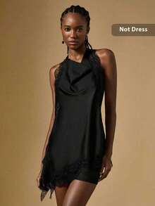 Briarwyn Débardeur femme minimaliste sexy en satin de couleur unie avec contraste de dentelle au dos, col ras-du-cou, Noir, Hauts sexy pour femmes, Costume d'Halloween, Fête - Noir - Voir 3