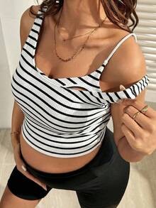 SHEIN 孕妇罗纹短款休闲哺乳背心 - 白色 - 查看 1