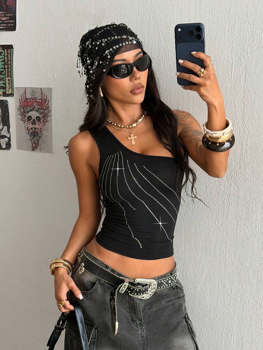 StreetHx Women's Black Rhinestone Embellished One-Shoulder Top - Black - View 1