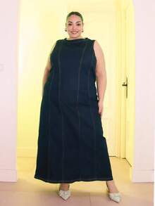 Pretty and Ole 大码女式四季皆宜优雅蓝色修身牛仔连衣裙，非常适合新年装扮，尽显老钱风范。 - 藍色 - 查看 1