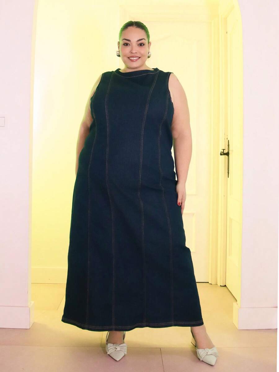 Pretty and Ole 大码女式四季皆宜优雅蓝色修身牛仔连衣裙，非常适合新年装扮，尽显老钱风范。 - 藍色 - 查看 1