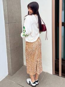 Hitanina 时尚亮片开衩半身裙，适合新年女士穿着 - 卡其色 - 查看 2