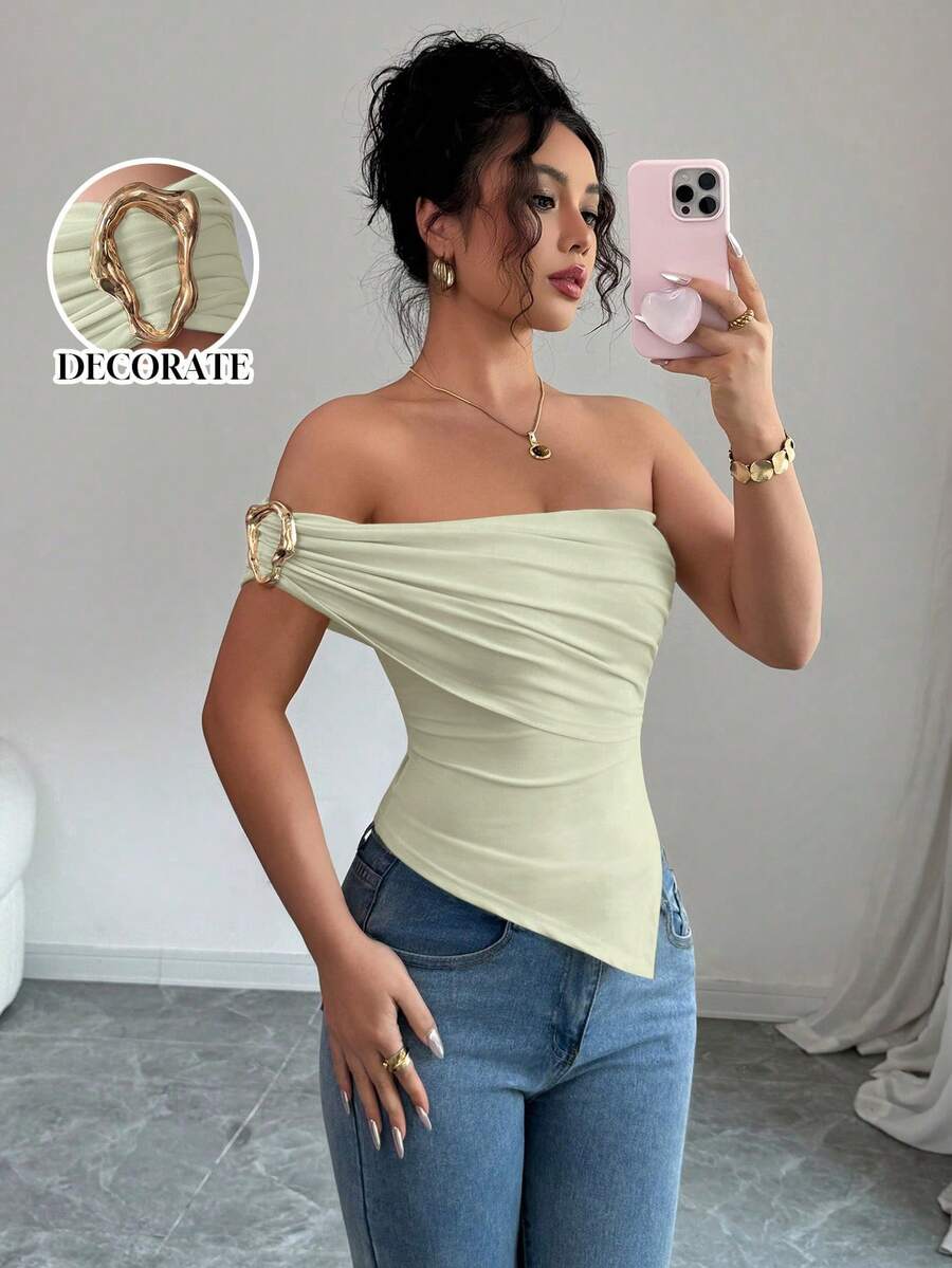 Rafferiza 女士夏季不对称下摆装饰肩部衬衫，优雅修身款上衣 - 薄荷綠 - 查看 1