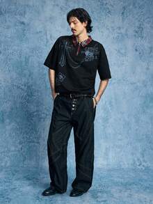 ROMWE MEN Street Life Men's Casual Polo Patchwork T-Shirt - Black - View 7