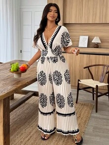 SHEIN LUNE Mono informal de talla grande para mujer con estampado floral de colocación de unicolor y cintura plisada, para primavera/verano - Multicolor - Ver 4