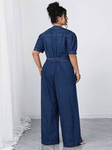 Elenzga Bộ áo liền quần denim màu xanh nhạt thanh lịch và thoải mái dành cho nữ cỡ lớn - Rửa trung bình - Xem 2