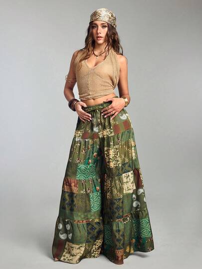 ROMWE Hippie Vacation Casual Patchwork Print Wide Leg Pants