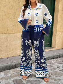 Breezaya Plus Size Long Sleeve Loose Versatile Retro Casual Printed Suit - Multicolor - View 7