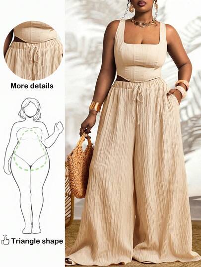 Truni 大码女装春夏度假休闲鱼骨吊带上衣和阔腿裤两件套，带口袋，质感面料，适合度假、下午茶、海滩游轮、城市自驾游、波西米亚风度假、音乐节、海滩装扮、复活节、优雅度假装、演唱会装、热带度假装、波西米亚风服装，春夏秋季皆宜。