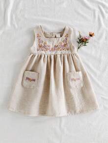 Vintaside Kids Baby Girl Summer Sleeveless Square Collar Design, Fashion Elegant Sweet Princess Style, Using Woven Fabric, Version Loose, Collar Dog Floss To Add A Sense Of Sophistication. The Flower And Butterfly Embroidery Pattern On The Chest And Pocket Is Full Of Childlike Interest. Suitable For Holidays, Taking Photos, Attending Weddings, Going To School, Attending Parties - Apricot - View 3