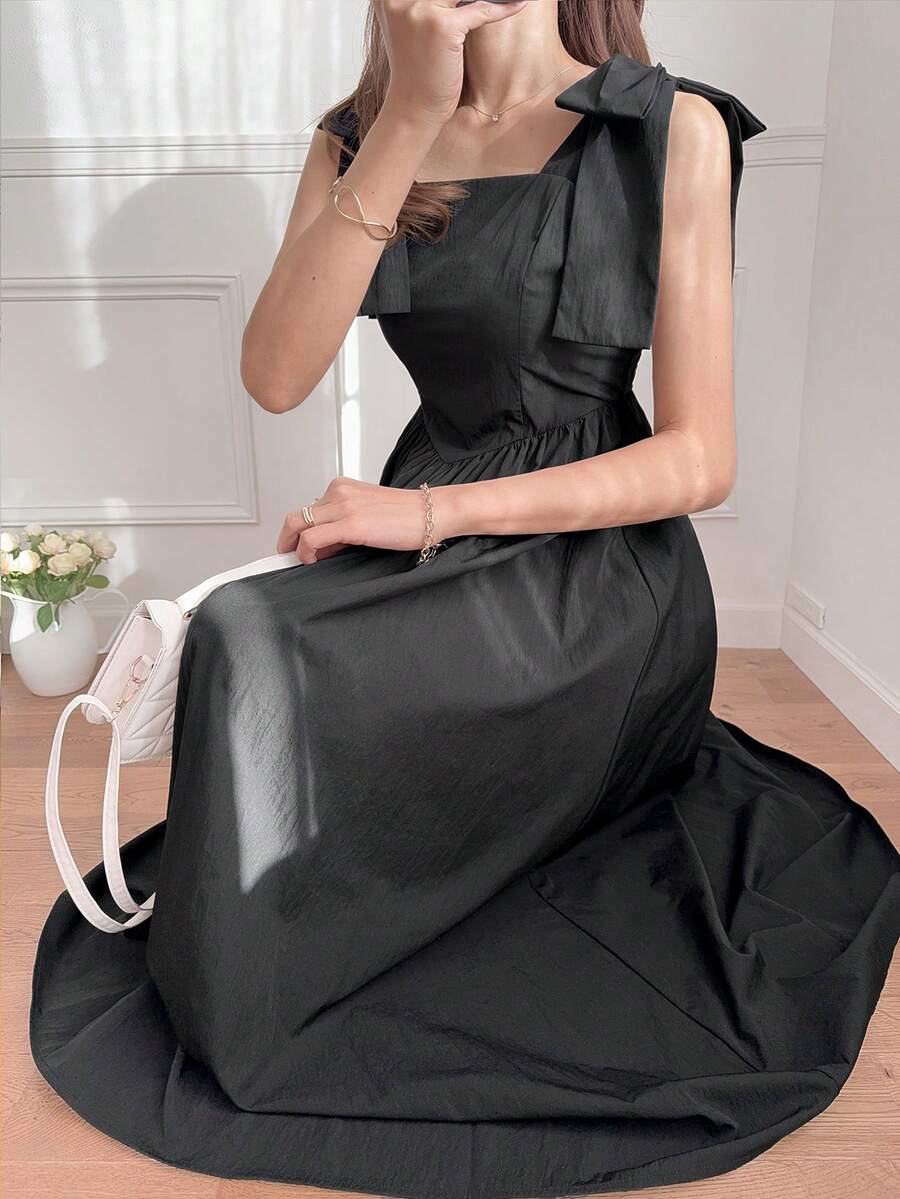 FRIFUL 女士蝴蝶结系带收腰连衣裙，甜美 - 黑色 - 查看 1