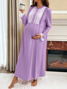 SHEIN Maternity Stand Collar Lace Ruffle Casual Everyday Party Dress - Mauve Purple - View 5