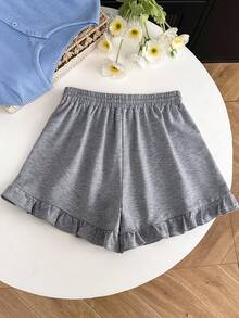Resyla Women's Solid Color Elastic Waist Drawstring Ruffle Hem Casual Comfortable Breathable Shorts - Grey - View 3