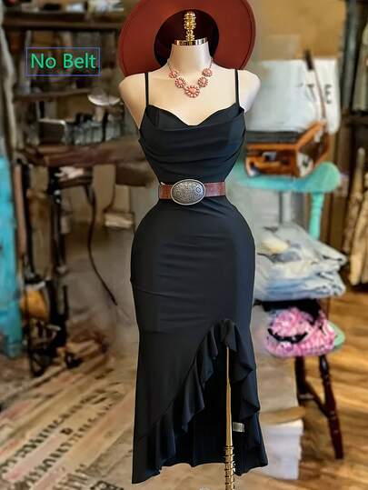 Franclia Women's Fashion Solid Color Asymmetrical Hem Slit Camisole Dress (Belt Not Included)